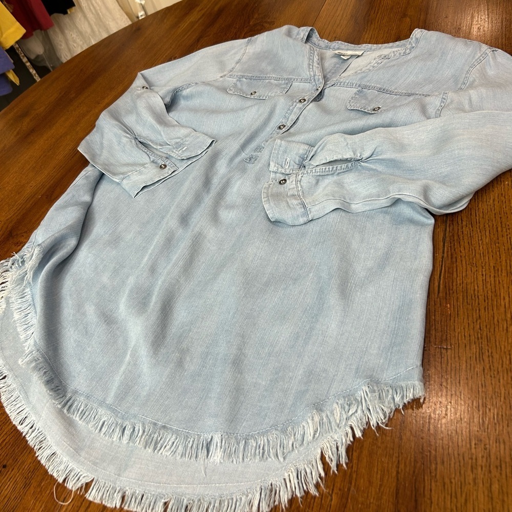 Hester & Orchard Light Wash Chambray Tunic Dress Frayed Hem Size L - Picture 11 of 12